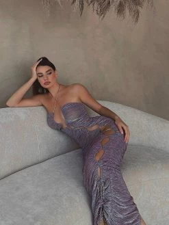 Miss Circle Parris Purple Cutout Ruched Chiffon Maxi Dress Dresses