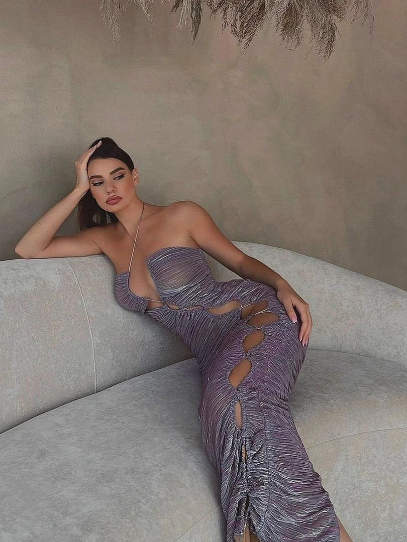 Miss Circle Parris Purple Cutout Ruched Chiffon Maxi Dress Dresses