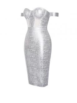 Miss Circle Best Sellers Irreplaceable Off Shoulder Silver Metallic Bandage Dress
