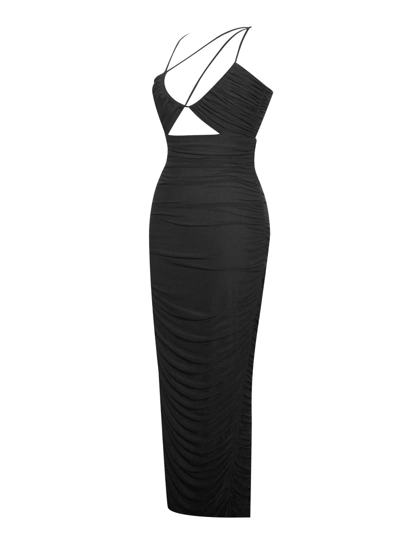 Miss Circle Felis Black Lace-up Strappy Ruched Mesh Dress Dresses