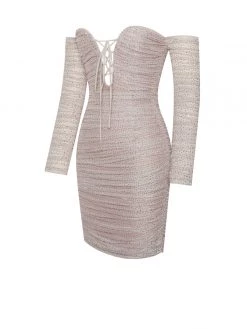 Miss Circle Blanca Beige Off Shoulder Long Sleeve Mesh Dress With Crystals