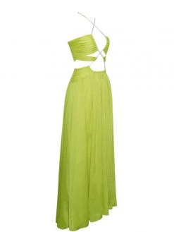 Miss Circle Dresses Quinby Lemon Silk Pleated Lace Up Maxi Dress