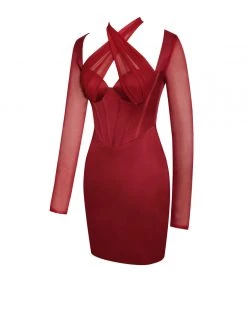 Miss Circle Corsets Jocelynn Burgundy Satin Mesh Long Sleeve Corset Dress