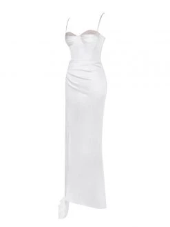 Miss Circle Corsets Vanity White Satin High Slit Draping Corset Gown With Crystals