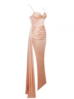 Miss Circle Elayna Blush Strappy Satin Corset High Slit Gown Corsets