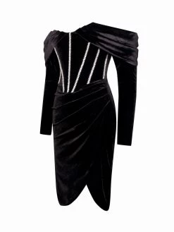 Miss Circle Nashla Black Off Shoulder Crystal Corset Velvet Dress