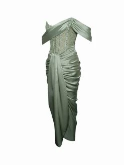 Miss Circle Stella Basil Off Shoulder Crystal Corset Satin Gown Corsets