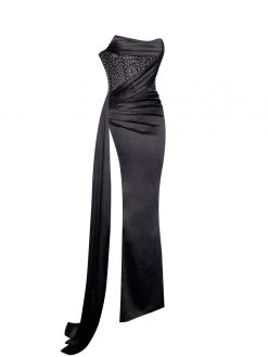 Miss Circle Holly Black Crystallized Corset High Slit Satin Gown