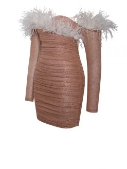 Miss Circle Casimira Nude Mesh Crystal Dress With White Feather Trim