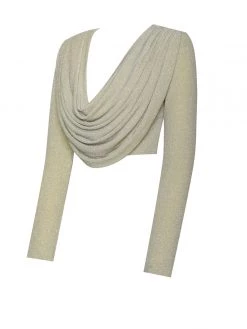 Miss Circle Xandra Pale Yellow Glitter Draping Long Sleeve Top