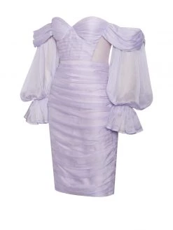 Miss Circle Sirene Lavender Silk Pleated Off Shoulder Balloon Sleeves Dress