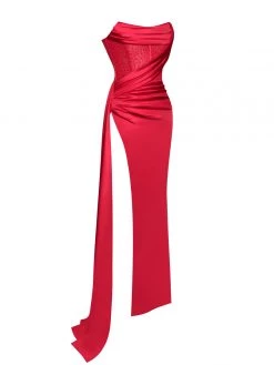 Miss Circle Holly Red Crystallized Corset High Slit Satin Gown Corsets
