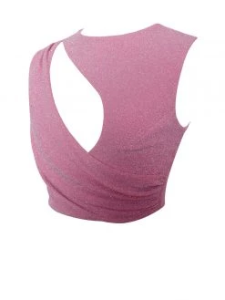 Miss Circle Teia Salmon Pink Metallic Jersey Cutout Top