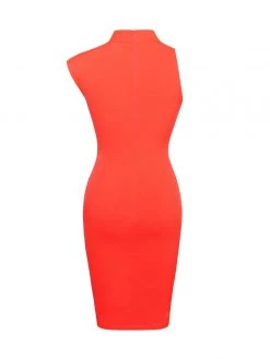Miss Circle Jolene Orange Asymmetric Neck Cutout Detail Stretch Crepe Dress