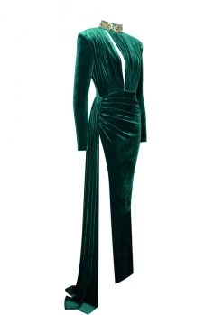 Miss Circle Zenaida Emerald Green Cutout High Slit Velvet Gown