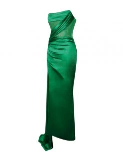 Miss Circle Holly Green Crystallized Corset High Slit Satin Gown
