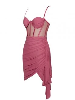 Miss Circle Yolie Salmon Pink Ruched Draping Mesh Corset Dress
