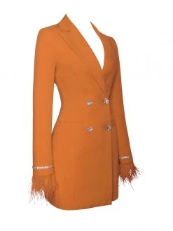 Miss Circle Dresses Quilla Orange Feather Crystal Sleeve Backless Blazer Dress