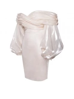 Miss Circle New In Jacey Beige Off Shoulder Balloon Sleeve Dress