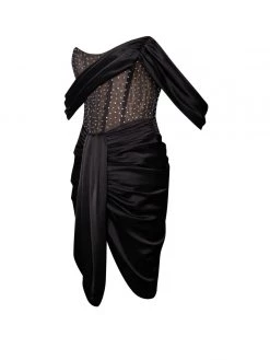 Miss Circle Darlene Black Off Shoulder Corset Satin Dress With Crystals Corsets