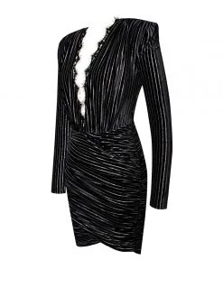 Miss Circle Kamila Black Stripe Velvet Long Sleeve Dress