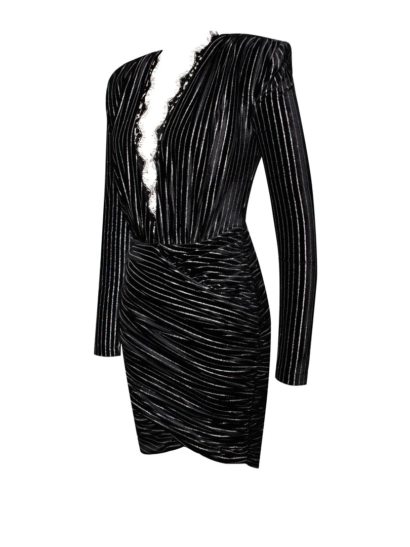 Miss Circle Kamila Black Stripe Velvet Long Sleeve Dress