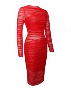 Miss Circle Jimena Red Ruched Mesh Long Sleeve Dress Dresses