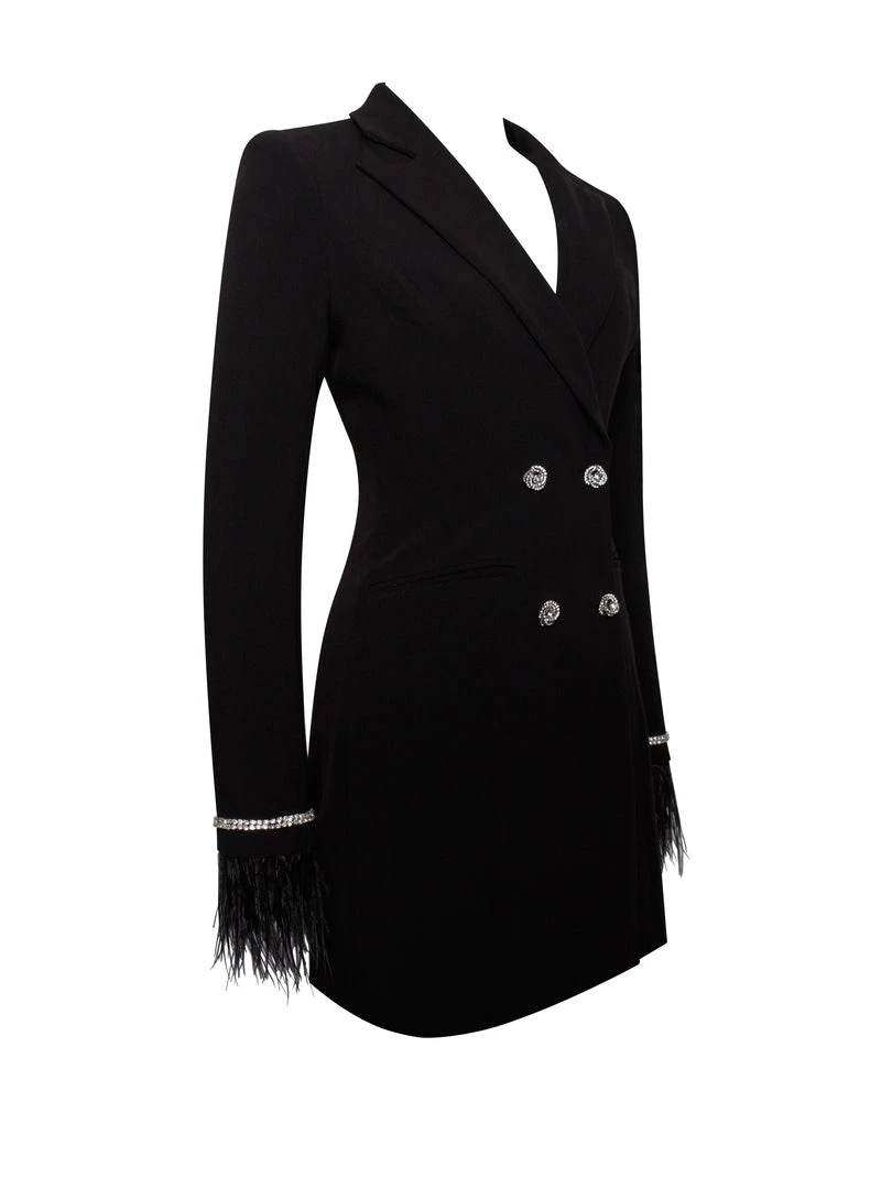 Miss Circle Quilla Black Feather Crystal Sleeve Backless Blazer Dress