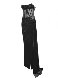 Miss Circle Priya Black Draping Corset High Slit Velvet Gown Corsets