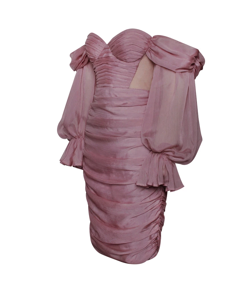 Miss Circle Sale Sirene Blush Silk Pleated Off Shoulder Balloon Sleeves Dress