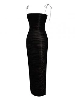 Miss Circle The Glint Black Ruched Chiffon Long Maxi Dress