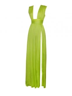 Miss Circle Valley Of Angels Lime Silk Pleated High Slit Maxi Dress