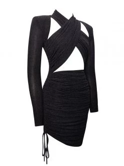 Miss Circle Urvi Black Long Sleeve Criss Cross Glitter Jersey Dress Dresses
