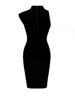 Miss Circle Dresses Jolene Black Asymmetric Neck Cutout Detail Stretch Crepe Dress