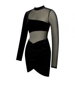 Miss Circle Dresses Azalea Black Velvet Mesh Long Sleeve Dress