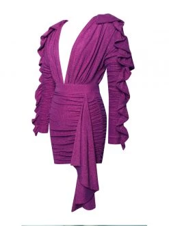 Miss Circle Xena Ruby Pink Draping Ruffle Sleeve Dress New In