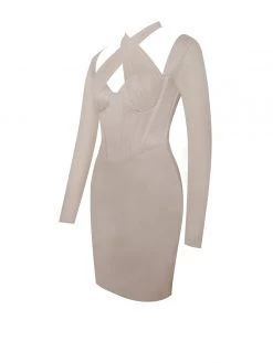 Miss Circle Jocelynn Beige Satin Mesh Long Sleeve Corset Dress