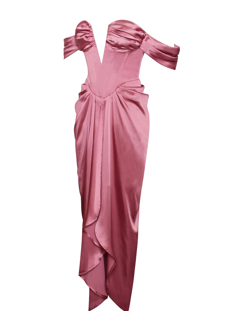 Miss Circle Corsets Xophia Mauve Pink Off Shoulder Satin Corset High Slit Dress