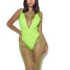 Miss Circle Shannon Neon Green Diamond Crystal Fishnet Grid Mini Dress Bikini Cover Up Swim Collection