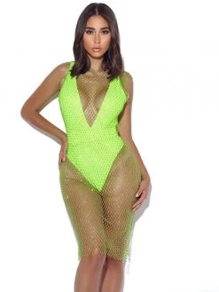 Miss Circle Shannon Neon Green Diamond Crystal Fishnet Grid Mini Dress Bikini Cover Up Swim Collection