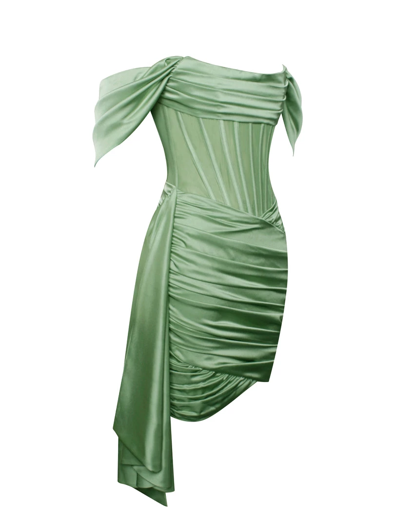 Miss Circle Corsets Kendal Basil Satin Draping Off Shoulder Corset Dress