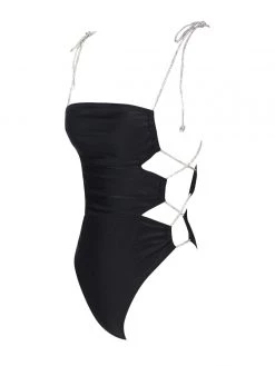 Miss Circle Beverly Black Crystal Lace Up One Piece Swimsuit Swim Collection