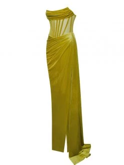 Miss Circle Priya Gold Draping Corset High Slit Velvet Gown