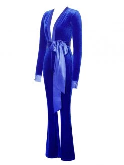 Miss Circle Glorious Royal Blue Long Sleeve Velvet Jumpsuit