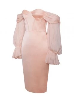 Miss Circle Dresses Lydia Blush Satin Off Shoulder Puff Sleeve Dress