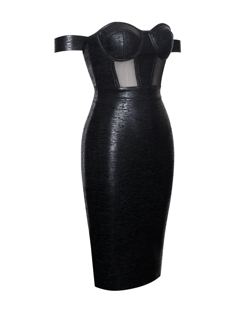 Miss Circle New In Irreplaceable Off Shoulder Black Metallic Bandage Dress