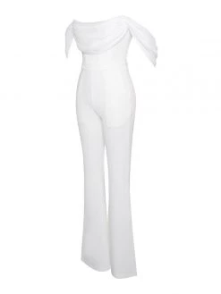 Miss Circle Sherlyn White Off Shoulder Flared Crepe Jumpsuit