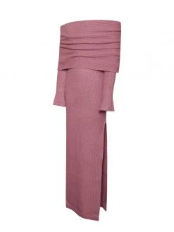 Miss Circle Dresses Esther Dusty Pink Off Shoulder Long Sweater Dress With Foldover Neckline