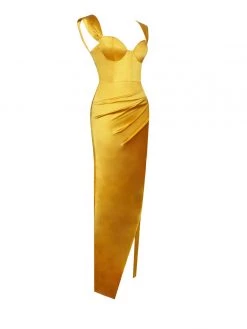 Miss Circle Zarah Yellow High Slit Corset Satin Dress