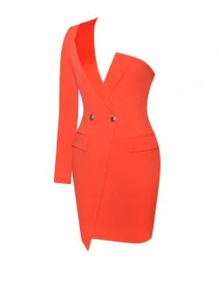 Miss Circle Keep One Up One Sleeved Orange Crepe Tuxedo Blazer Dress